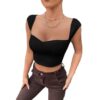 GLARE & BLAIR Solid Sweetheart Neck Short Sleeves Casual Ribbed Crop Top